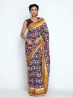 Picture of Black Dyed Appliqued and Embroidered Silk Saree