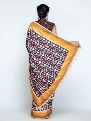 Picture of Black Dyed Appliqued and Embroidered Silk Saree