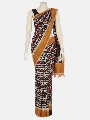 Picture of Black Dyed Appliqued and Embroidered Silk Saree