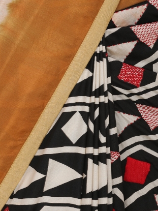 Picture of Black Dyed Appliqued and Embroidered Silk Saree