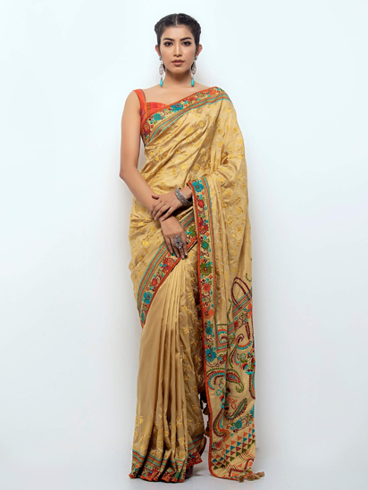 Picture of Golden Embroidered Silk Saree