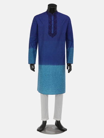 Picture of Blue Ombre Dyed and Embroidered Mixed Silk Panjabi Pajama Set