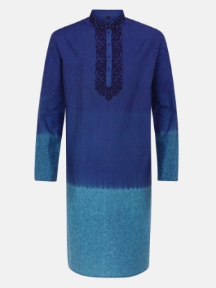 Picture of Blue Ombre Dyed and Embroidered Mixed Silk Panjabi Pajama Set