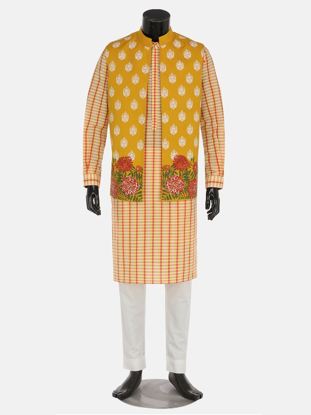 Picture of Mustard Printed Cotton Panjabi Pajama Coaty Set