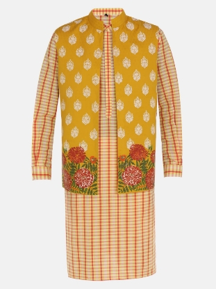 Picture of Mustard Printed Cotton Panjabi Pajama Coaty Set