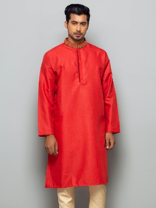Picture of Red Embroidered Ramie Cotton Panjabi Pajama Set