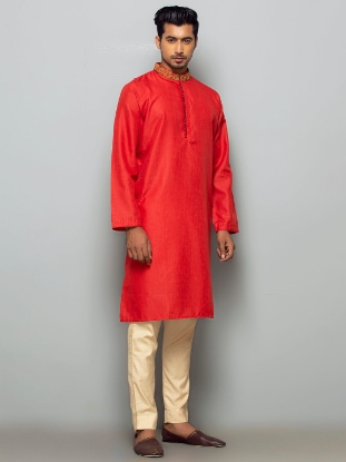 Picture of Red Embroidered Ramie Cotton Panjabi Pajama Set