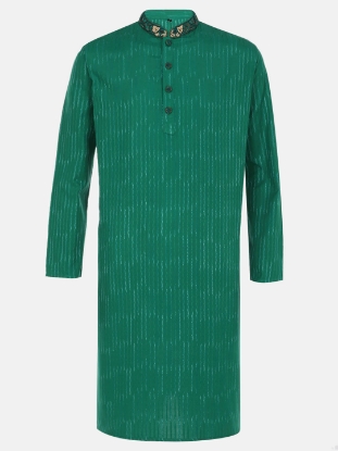 Picture of Green Erri Embroidered Hand Loomed Cotton Panjabi Pajama Set