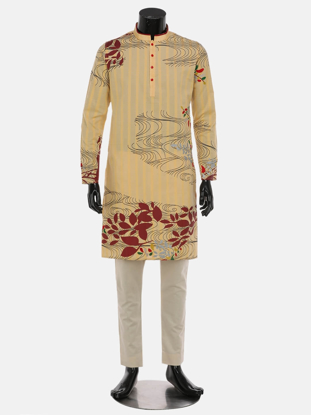 Picture of Pastel Yellow Printed Cotton Panjabi Pajama Set