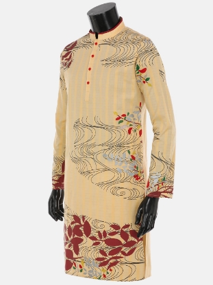 Picture of Pastel Yellow Printed Cotton Panjabi Pajama Set