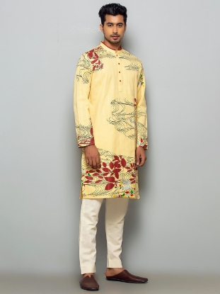 Picture of Pastel Yellow Printed Cotton Panjabi Pajama Set