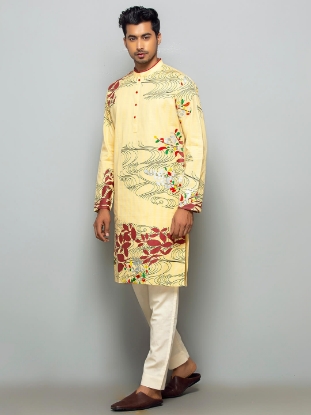 Picture of Pastel Yellow Printed Cotton Panjabi Pajama Set