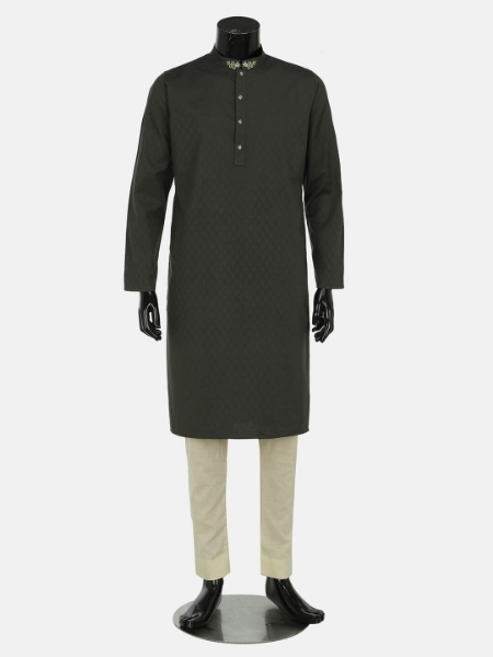 Picture of Grey Embroidered Viscose Panjabi Pajama Set