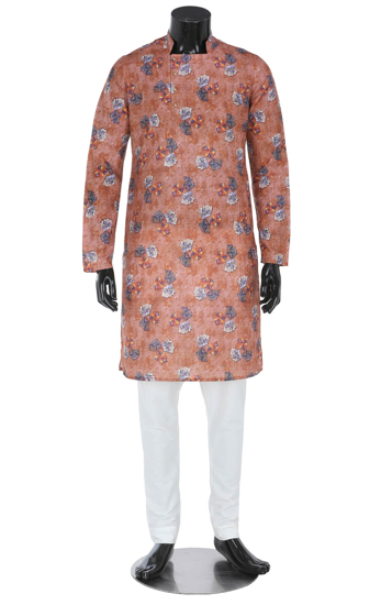 Picture of Rust Printed Cotton Slim Fit Panjabi Pajama Set