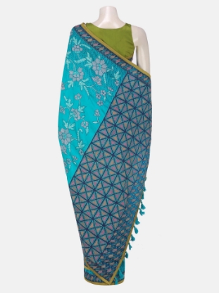 Picture of Blue Nakshi Kantha Embroidered Silk Saree