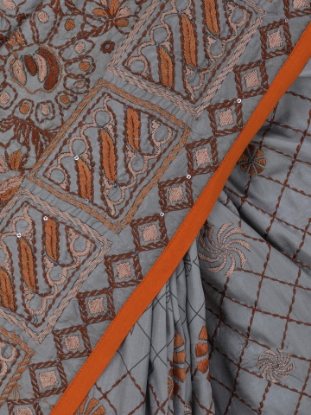 Picture of Grey Nakshi Kantha Embroidered Silk Saree