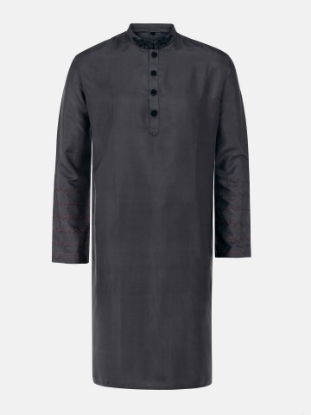 Picture of Deep Charcoal Grey Embroidered Silk Panjabi Pajama Set