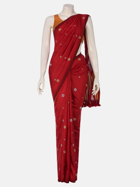 Picture of Red Nakshi Kantha Embroidered Silk Saree