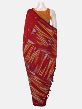 Picture of Red Nakshi Kantha Embroidered Silk Saree