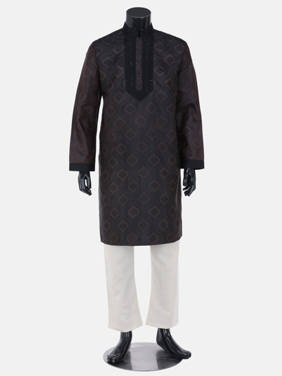 Picture of Chocolate Printed and Embroidered Silk Panjabi Pajama Set