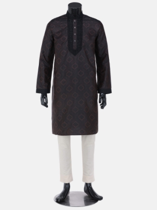 Picture of Chocolate Printed and Embroidered Silk Panjabi Pajama Set