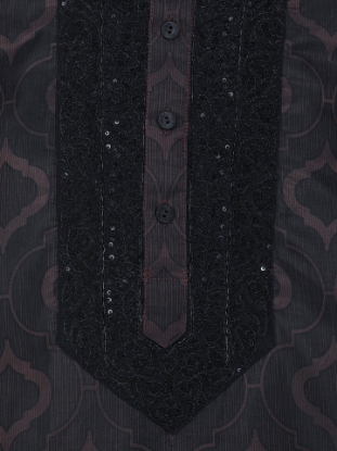 Picture of Chocolate Printed and Embroidered Silk Panjabi Pajama Set