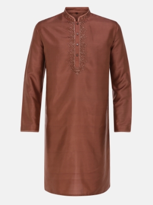 Picture of Brown Embroidered Silk Panjabi Pajama Set
