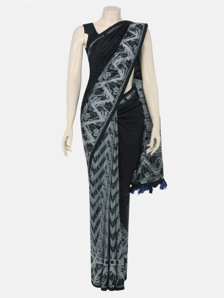 Picture of Black Nakshi Kantha Printed and Brush Painted Silk Saree