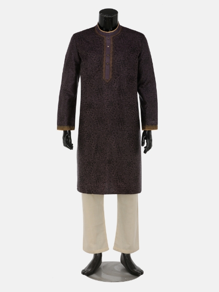 Picture of Eggplant Printed and Embroidered Silk Panjabi Pajama Set