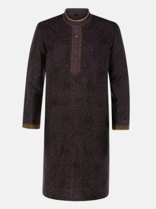 Picture of Eggplant Printed and Embroidered Silk Panjabi Pajama Set