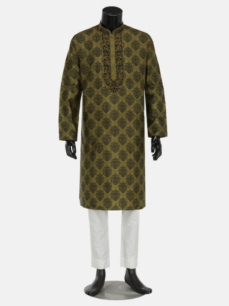 Picture of Olive Green Printed and Erri Embroidered Silk Panjabi Pajama Set