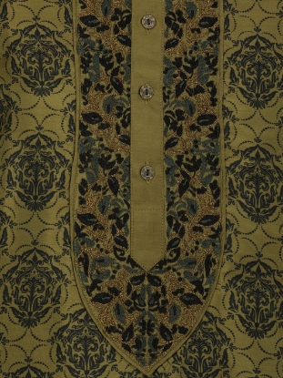 Picture of Olive Green Printed and Erri Embroidered Silk Panjabi Pajama Set