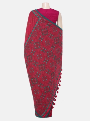 Picture of Red Nakshi Kantha Printed Silk Saree