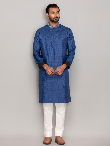 Blue Erri Embroidered Silk-Muslin Panjabi Pajama Set