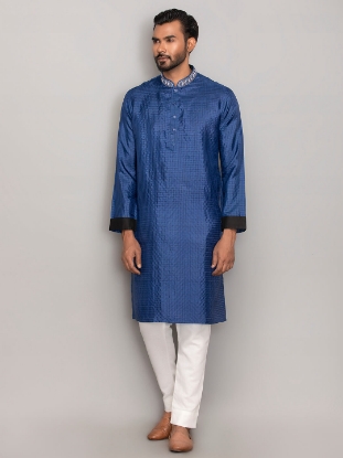 Picture of Blue Erri Embroidered Silk-Muslin Panjabi Pajama Set