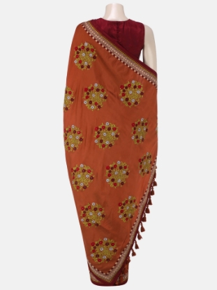 Picture of Rust Nakshi Kantha Embroidered Silk Saree