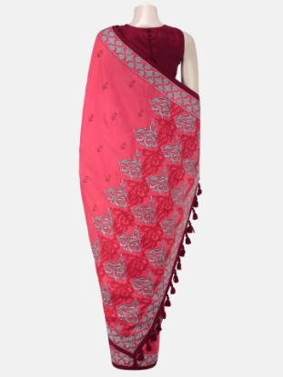 Picture of Watermelon Nakshi Kantha Embroidered Silk Saree