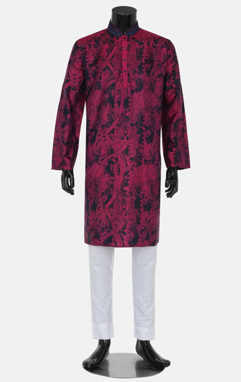 Picture of Red Printed and Embroidered Dual Tone Silk Panjabi Pajama Set