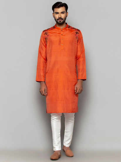 Picture of Orange Embroidered Silk-Cotton Panjabi Pajama Set
