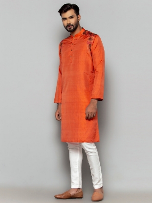 Picture of Orange Embroidered Silk-Cotton Panjabi Pajama Set