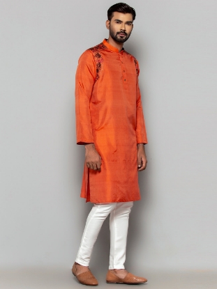 Picture of Orange Embroidered Silk-Cotton Panjabi Pajama Set
