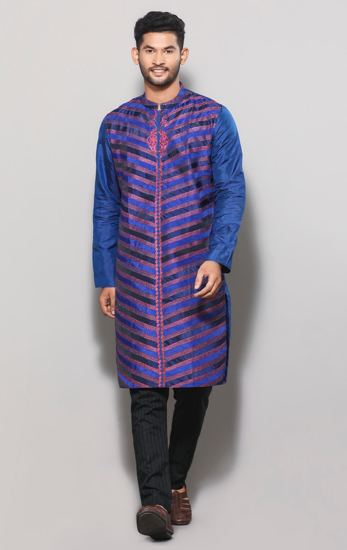 Picture of Deep Blue Appliqued and Embroidered Silk-Cotton Panjabi Pajama Set