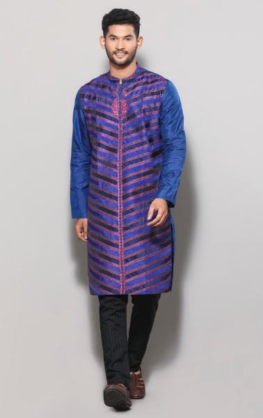 Picture of Deep Blue Appliqued and Embroidered Silk-Cotton Panjabi Pajama Set