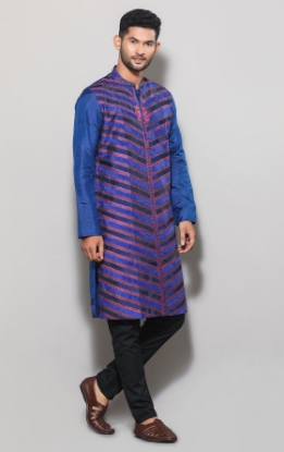 Picture of Deep Blue Appliqued and Embroidered Silk-Cotton Panjabi Pajama Set