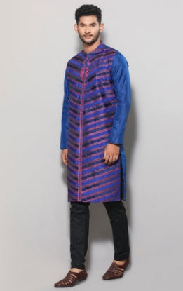 Picture of Deep Blue Appliqued and Embroidered Silk-Cotton Panjabi Pajama Set