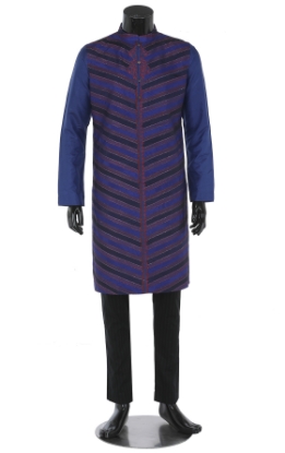 Picture of Deep Blue Appliqued and Embroidered Silk-Cotton Panjabi Pajama Set