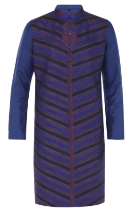 Picture of Deep Blue Appliqued and Embroidered Silk-Cotton Panjabi Pajama Set