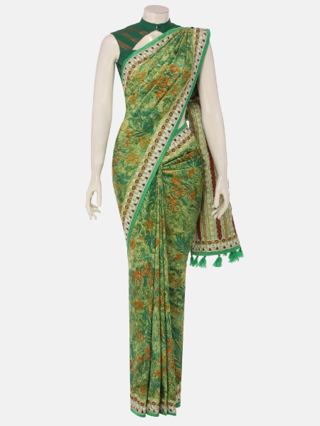 Picture of Green Nakshi Kantha Embroidered Silk Saree