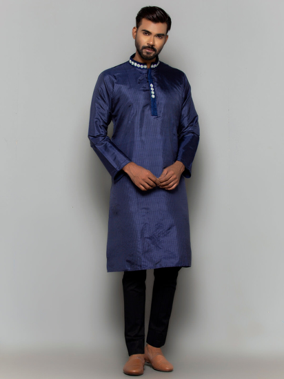 Picture of Midnight Blue Embroidered Silk Panjabi Pajama Set