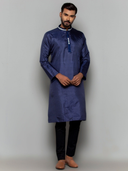 Picture of Midnight Blue Embroidered Silk Panjabi Pajama Set